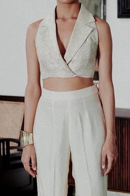 Buy_GG By Asha Gautam_White Silk, Brocade Floral Pattern Handwoven Crop Corset Jacket And Pant Set_Online_at_Aza_Fashions