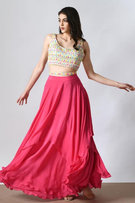 Buy_Salt And Spring_Pink Organza, Crepe Beads, Sequins Layered Lehenga And Embellished Blouse Set _Online_at_Aza_Fashions