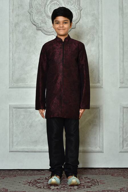Buy_Petite Pomme_Wine Silk Embroidery Botanical Pattern Kurta And Churidar Set _Online_at_Aza_Fashions