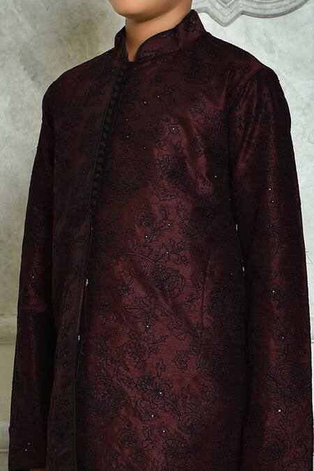 Shop_Petite Pomme_Wine Silk Embroidery Botanical Pattern Kurta And Churidar Set _Online_at_Aza_Fashions