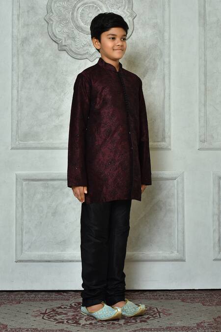 Petite Pomme_Wine Silk Embroidery Botanical Pattern Kurta And Churidar Set _at_Aza_Fashions