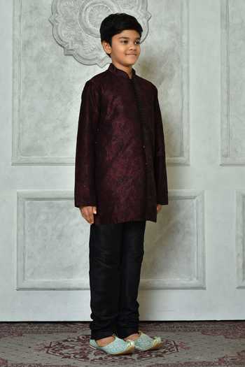 Shop Petite Pomme Wine Silk Embroidery Botanic Pattern Full Sleeve Kurta Online at Aza Fashions Shop_Petite Pomme_Wine Silk Embroidery Botanic Pattern Full Sleeve Kurta _Online_at_Aza_Fashions