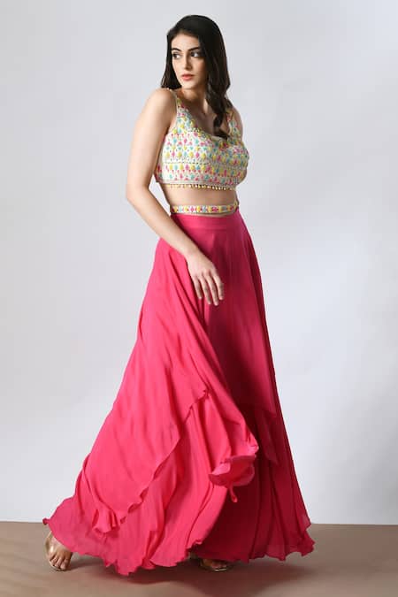 Shop_Salt And Spring_Pink Organza, Crepe Beads, Sequins Layered Lehenga And Embellished Blouse Set _Online_at_Aza_Fashions