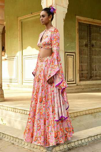 Buy_Swati Vijaivargie_Red Modal, Satin Sequins, Embroidery V-neck Gulbahar Crop Top And Lehenga Set _Online_at_Aza_Fashions