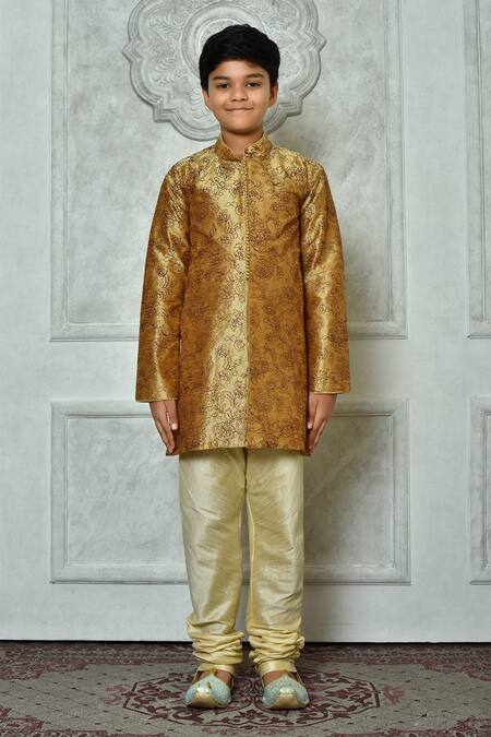 Buy_Petite Pomme_Brown Silk Embroidery Flora Kurta And Churidar Set _Online_at_Aza_Fashions