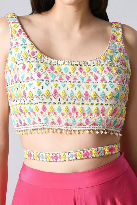 Salt And Spring_Pink Organza, Crepe Beads, Sequins Layered Lehenga And Embellished Blouse Set _at_Aza_Fashions