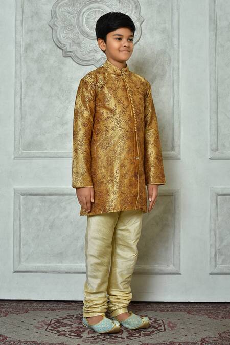 Petite Pomme_Brown Silk Embroidery Flora Kurta _at_Aza_Fashions