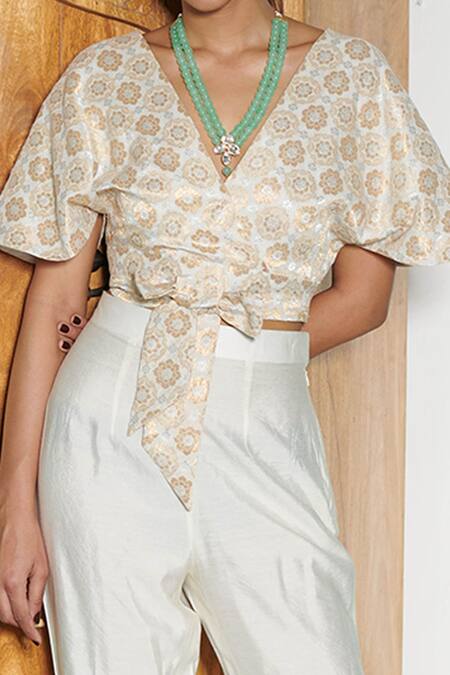 Shop_GG By Asha Gautam_White Silk, Brocade Floral Pattern Plunge V Neck Handwoven Top And Pant Set_Online_at_Aza_Fashions
