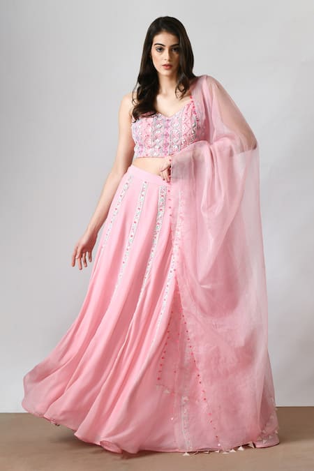 Salt And Spring Pink Organza, Crepe Beads, Sequins V-neck Hand Embroidered Lehenga Set Online at Aza Fashions Salt And Spring_Pink Organza, Crepe Beads, Sequins V-neck Hand Embroidered Lehenga Set _Online_at_Aza_Fashions