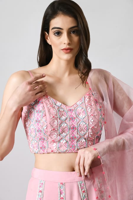 Buy Salt And Spring Pink Organza, Crepe Beads, Sequins V-neck Hand Embroidered Lehenga Set Online at Aza Fashions Buy_Salt And Spring_Pink Organza, Crepe Beads, Sequins V-neck Hand Embroidered Lehenga Set _Online_at_Aza_Fashions