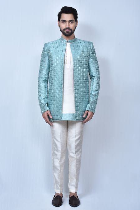 Arihant Rai Sinha_Cream Brocade, Silk Embroidery Full Sleeve Bandhgala Set _at_Aza_Fashions