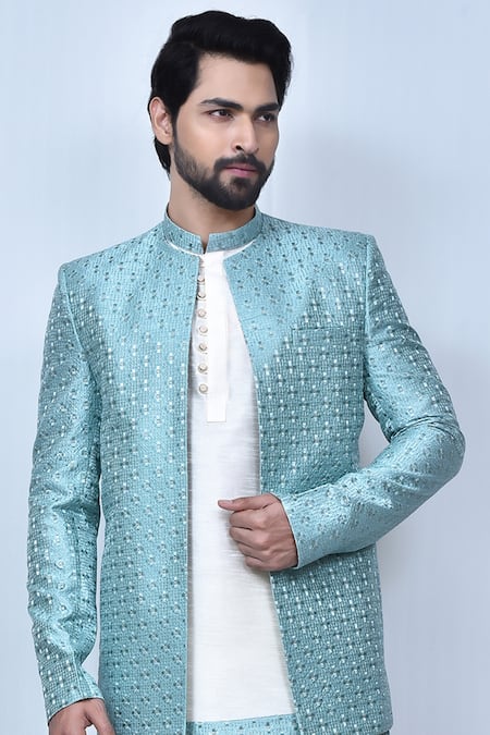 Shop_Arihant Rai Sinha_Cream Brocade, Silk Embroidery Full Sleeve Bandhgala Set 