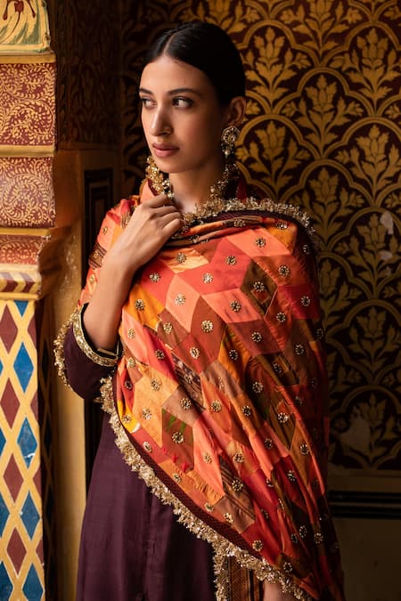 Priyanka Raajiv_Red Silk, Cotton, Tissue, Satin, Brocade, Kanti Patchwork Embroidered Dupatta _at_Aza_Fashions
