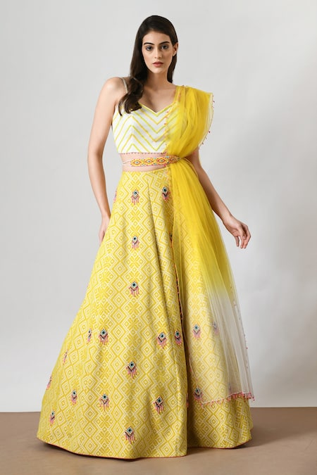 Salt And Spring_Yellow Chanderi, Jacquard, Chiffon Beads Diamond Tile Embellished Lehenga Set _Online_at_Aza_Fashions