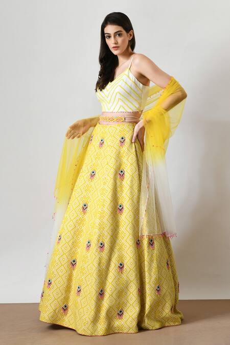 Shop_Salt And Spring_Yellow Chanderi, Jacquard, Chiffon Beads Diamond Tile Embellished Lehenga Set _Online_at_Aza_Fashions
