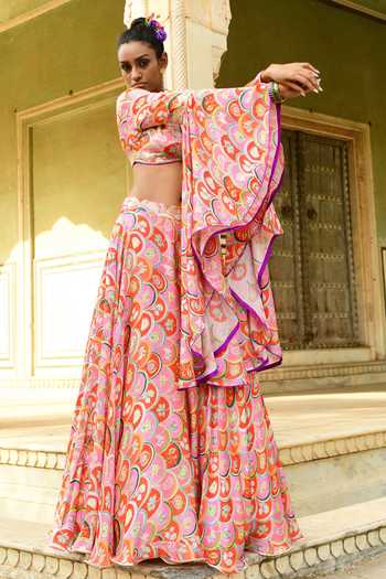 Shop_Swati Vijaivargie_Red Modal, Satin Sequins, Embroidery V-neck Gulbahar Crop Top And Lehenga Set _Online_at_Aza_Fashions