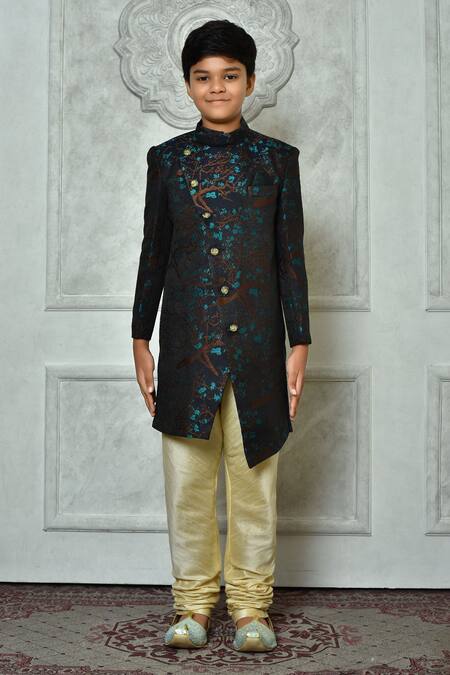 Buy_Petite Pomme_Blue Jacquard, Silk Embroidery Overlap Sherwani And Churidar Set _Online_at_Aza_Fashions