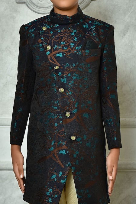 Shop_Petite Pomme_Blue Jacquard, Silk Embroidery Overlap Sherwani And Churidar Set _Online_at_Aza_Fashions