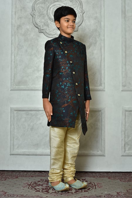 Petite Pomme_Blue Jacquard, Silk Embroidery Overlap Sherwani And Churidar Set _at_Aza_Fashions