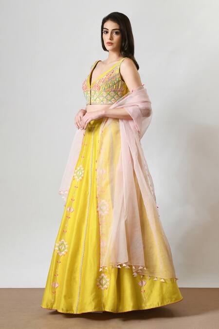 Salt And Spring Yellow Chanderi, Organza Embroidery, Sequins Plunge Neck Hand Lehenga Set Online at Aza Fashions Salt And Spring_Yellow Chanderi, Organza Embroidery, Sequins Plunge Neck Hand Lehenga Set _Online_at_Aza_Fashions