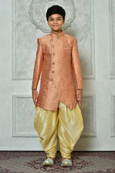 Buy_Petite Pomme_Peach Jacquard, Silk Embroidery Flora Pattern Overlap Sherwani Set _Online_at_Aza_Fashions