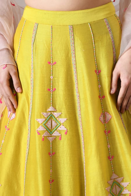Shop Salt And Spring Yellow Chanderi, Organza Embroidery, Sequins Plunge Neck Hand Lehenga Set Online at Aza Fashions Shop_Salt And Spring_Yellow Chanderi, Organza Embroidery, Sequins Plunge Neck Hand Lehenga Set _Online_at_Aza_Fashions