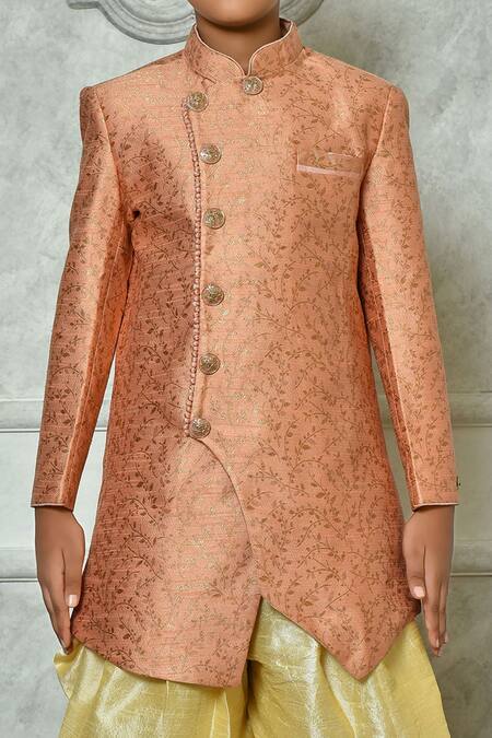 Shop Petite Pomme Peach Jacquard, Silk Embroidery Flora Pattern Overlap Sherwani Set Online at Aza Fashions Shop_Petite Pomme_Peach Jacquard, Silk Embroidery Flora Pattern Overlap Sherwani Set _Online_at_Aza_Fashions