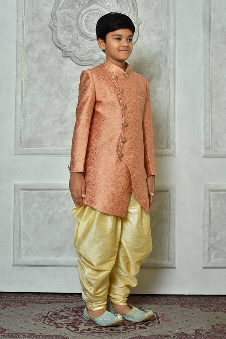 Petite Pomme_Peach Jacquard, Silk Embroidery Flora Pattern Overlap Sherwani Set _at_Aza_Fashions