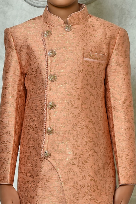Buy_Petite Pomme_Peach Jacquard, Silk Embroidery Flora Pattern Sherwani And Churidar Set _Online_at_Aza_Fashions