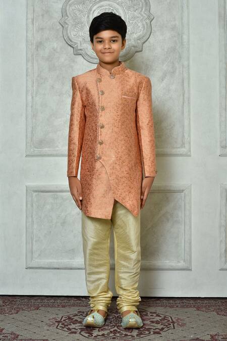 Petite Pomme_Peach Jacquard Embroidery Flora Pattern Overlap Sherwani _Online_at_Aza_Fashions