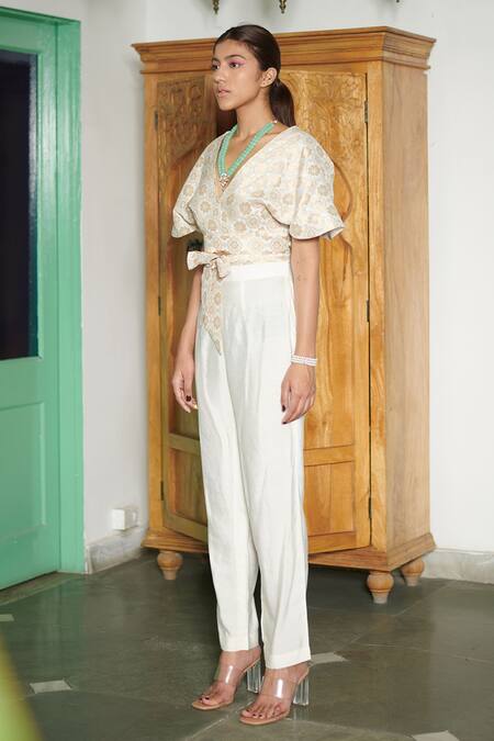 Buy_GG By Asha Gautam_White Silk, Brocade Floral Pattern Plunge V Neck Handwoven Top And Pant Set_Online_at_Aza_Fashions