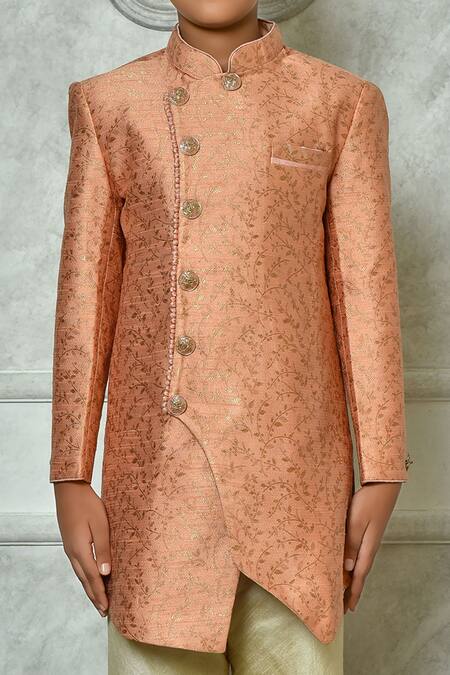 Buy Petite Pomme Peach Jacquard Embroidery Flora Pattern Overlap Sherwani Online at Aza Fashions Buy_Petite Pomme_Peach Jacquard Embroidery Flora Pattern Overlap Sherwani _Online_at_Aza_Fashions