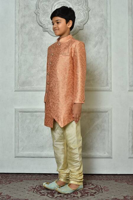Shop_Petite Pomme_Peach Jacquard Embroidery Flora Pattern Overlap Sherwani _Online_at_Aza_Fashions
