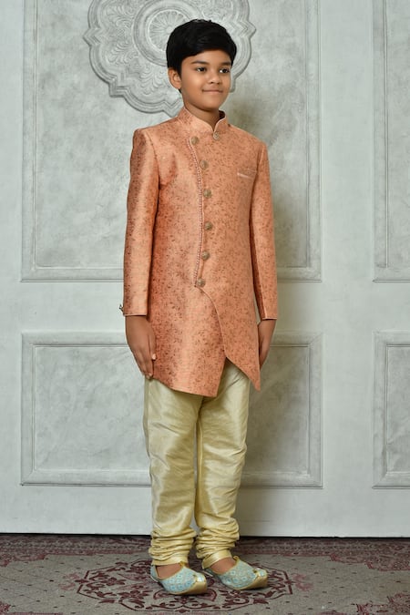 Petite Pomme_Peach Jacquard, Silk Embroidery Flora Pattern Sherwani And Churidar Set _at_Aza_Fashions