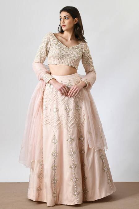 Salt And Spring_Pink Organza Pearls V-neck Embroidered Lehenga Set _Online_at_Aza_Fashions