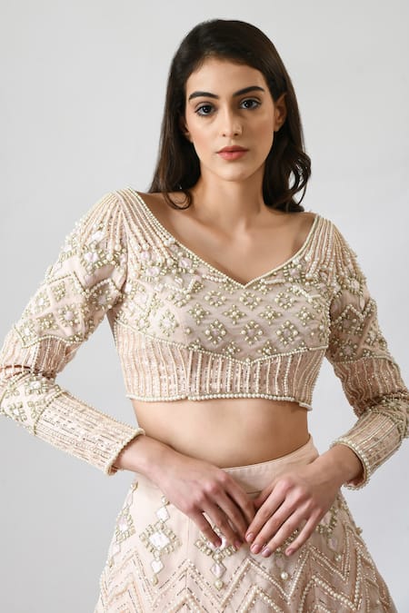 Buy_Salt And Spring_Pink Organza Pearls V-neck Embroidered Lehenga Set _Online_at_Aza_Fashions