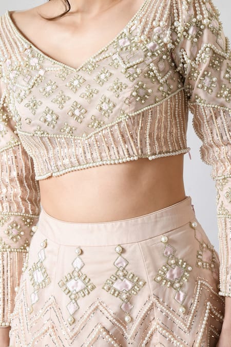 Shop_Salt And Spring_Pink Organza Pearls V-neck Embroidered Lehenga Set _Online_at_Aza_Fashions