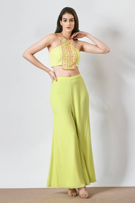 Salt And Spring_Green Organza, Crepe Beads, Embroidery Round Embellished Panel Crop Top Pant Set _Online_at_Aza_Fashions