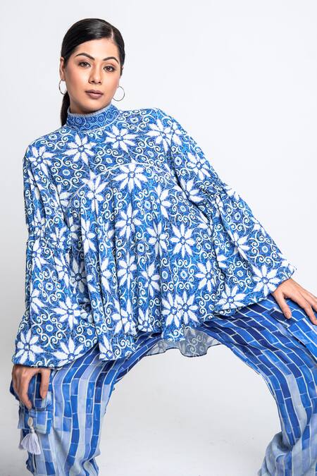 Anmol Kakad_White Georgette Tassels High Neck Floral Pattern Top And Parachute Pant Set_Online_at_Aza_Fashions