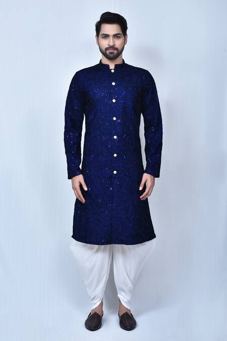 Buy_Arihant Rai Sinha_Blue Cotton, Silk Sequins Thread Embroidered Kurta Set_Online_at_Aza_Fashions