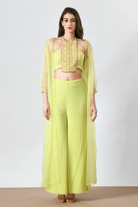 Buy_Salt And Spring_Green Organza, Crepe Beads, Embroidery Round Embellished Panel Crop Top Pant Set _Online_at_Aza_Fashions