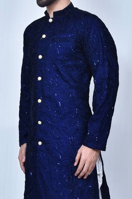 Shop_Arihant Rai Sinha_Blue Cotton, Silk Sequins Thread Embroidered Kurta Set_Online_at_Aza_Fashions