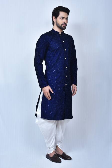 Arihant Rai Sinha_Blue Cotton, Silk Sequins Thread Embroidered Kurta Set_at_Aza_Fashions