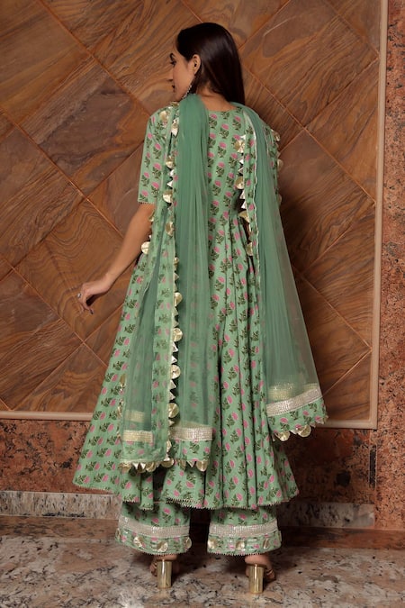 Shop_Pomcha Jaipur_Green Floral V Neck Calico Print Anarkali Set _Online_at_Aza_Fashions