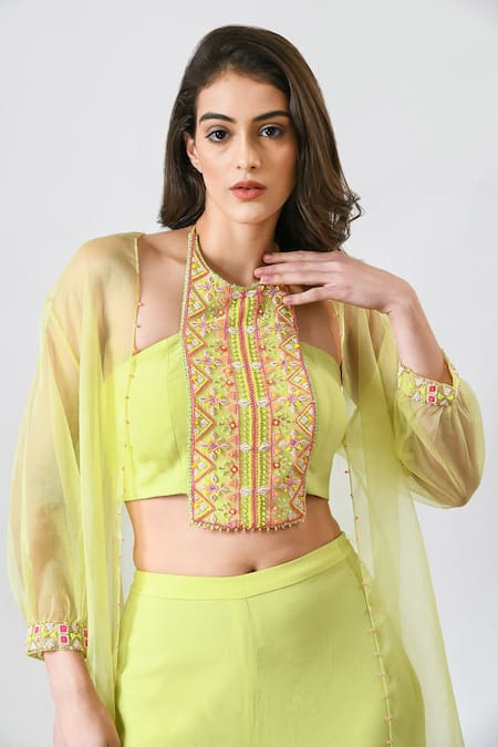 Shop_Salt And Spring_Green Organza, Crepe Beads, Embroidery Round Embellished Panel Crop Top Pant Set _Online_at_Aza_Fashions