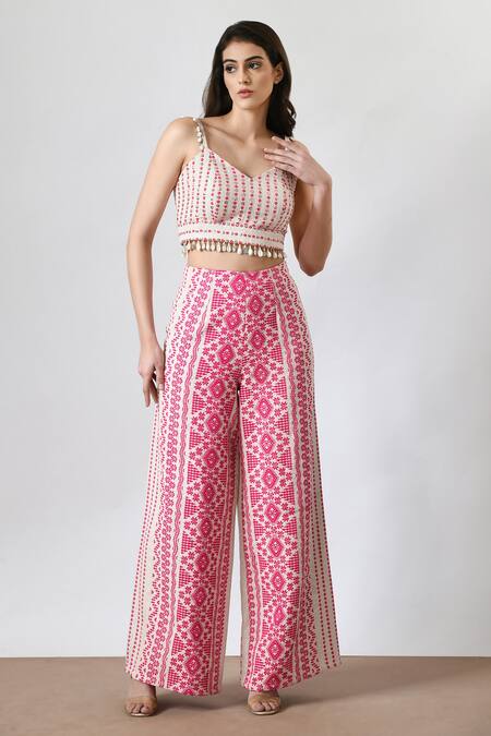Salt And Spring_Pink Jacquard Sequins, Lace V-neck Flared Hem Pant And Crop Top Set _Online_at_Aza_Fashions