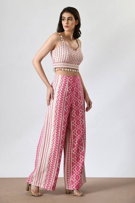 Buy_Salt And Spring_Pink Jacquard Sequins, Lace V-neck Flared Hem Pant And Crop Top Set _Online_at_Aza_Fashions