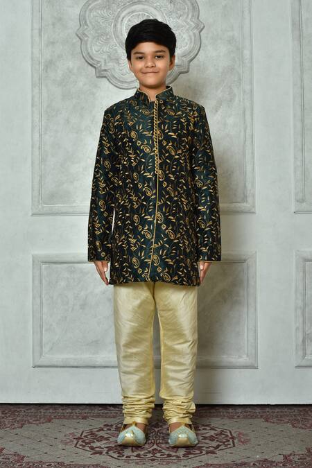 Petite Pomme_Green Silk Embroidery Bloom Pattern Kurta _Online_at_Aza_Fashions