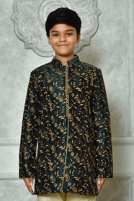 Petite Pomme_Green Silk Embroidery Bloom Pattern Kurta _at_Aza_Fashions