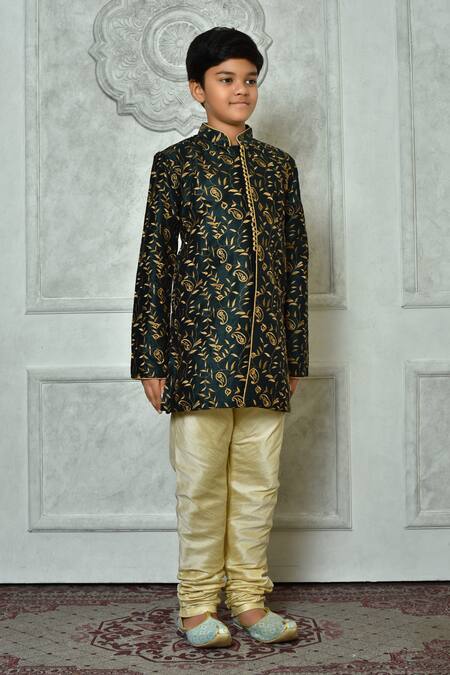 Shop_Petite Pomme_Green Silk Embroidery Bloom Pattern Kurta _Online_at_Aza_Fashions